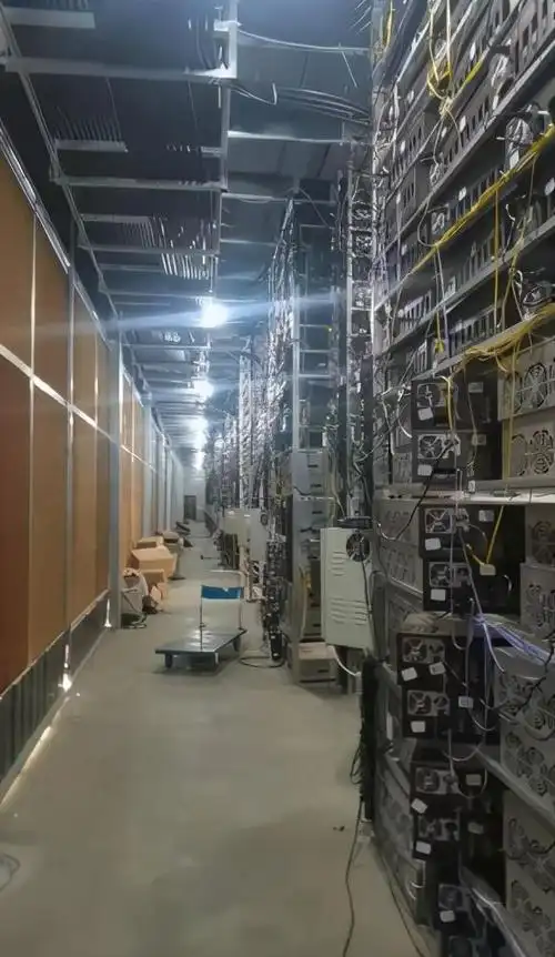 Interior of a large-scale cryptocurrency mining farm with climate control systems