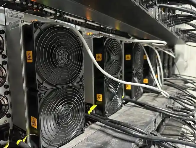 Expansive cryptocurrency mining farm with rows of machines operating
